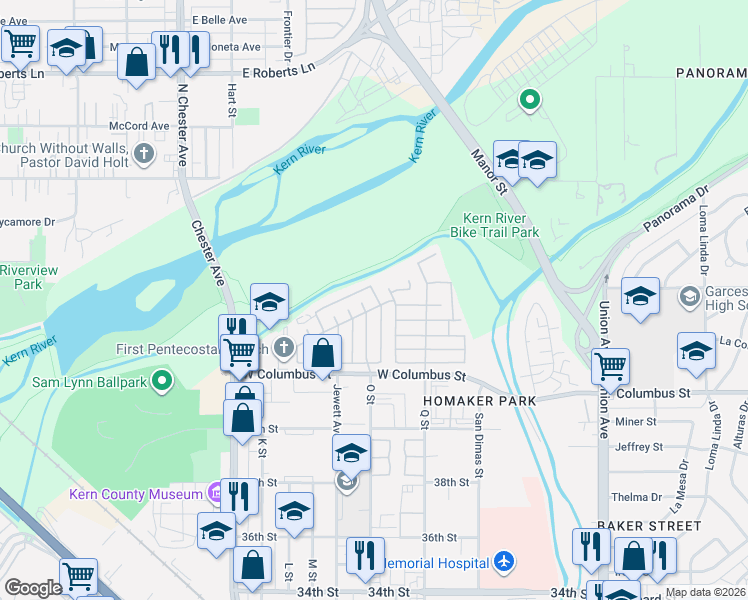map of restaurants, bars, coffee shops, grocery stores, and more near 4401 King Arthur Court in Bakersfield