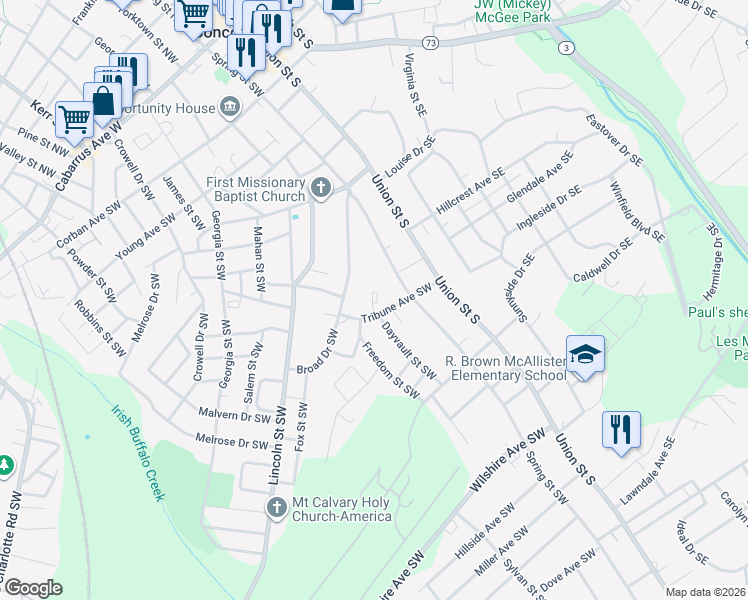 map of restaurants, bars, coffee shops, grocery stores, and more near 68 Tribune Avenue Southwest in Concord