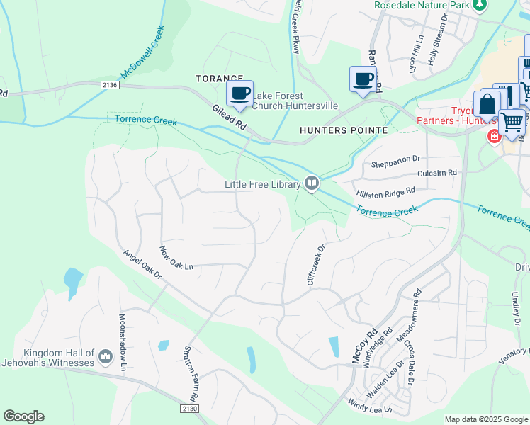 map of restaurants, bars, coffee shops, grocery stores, and more near 9218 Agnes Park Lane in Huntersville