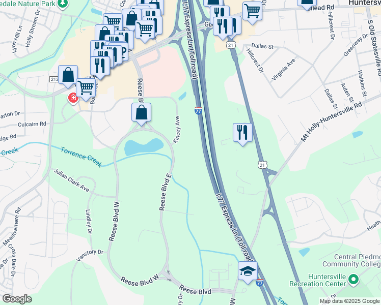 map of restaurants, bars, coffee shops, grocery stores, and more near 13620 Reese Boulevard East in Huntersville