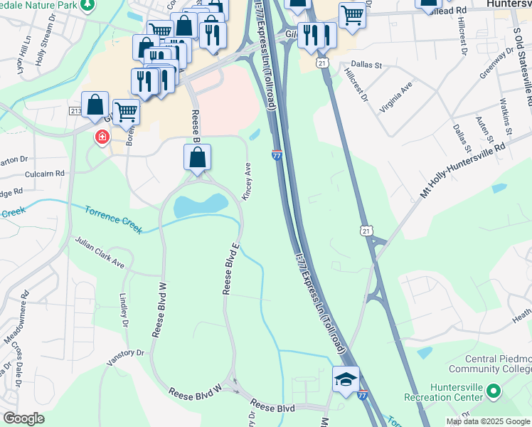 map of restaurants, bars, coffee shops, grocery stores, and more near 13620 Reese Boulevard East in Huntersville