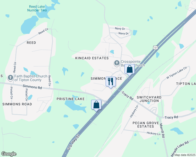 map of restaurants, bars, coffee shops, grocery stores, and more near 181 Hackberry Cove in Munford