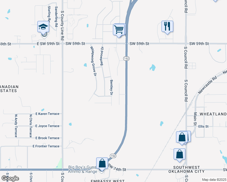 map of restaurants, bars, coffee shops, grocery stores, and more near 6536 Bentley Drive in Oklahoma City