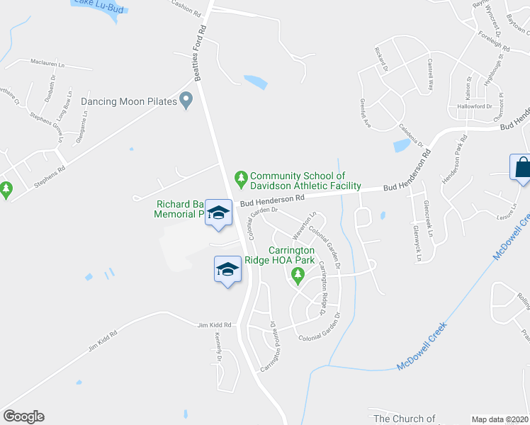 map of restaurants, bars, coffee shops, grocery stores, and more near 15636 Carrington Ridge Drive in Huntersville