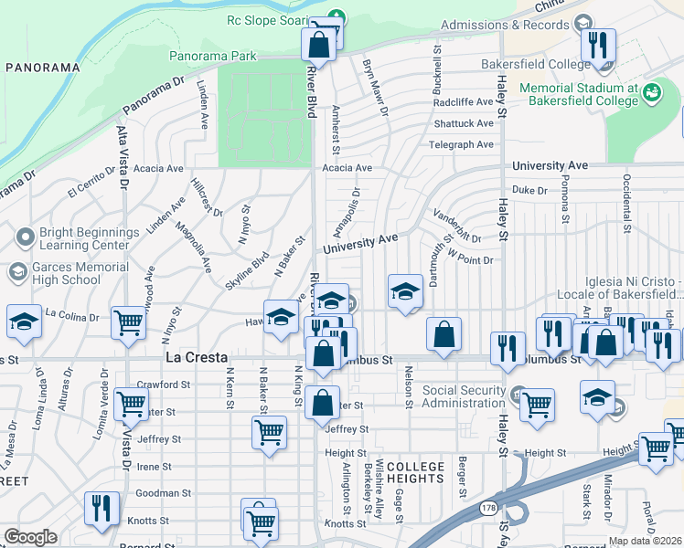 map of restaurants, bars, coffee shops, grocery stores, and more near 917 Stanford Court in Bakersfield