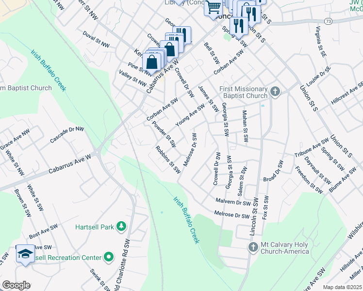 map of restaurants, bars, coffee shops, grocery stores, and more near 277 Sycamore Avenue Southwest in Concord