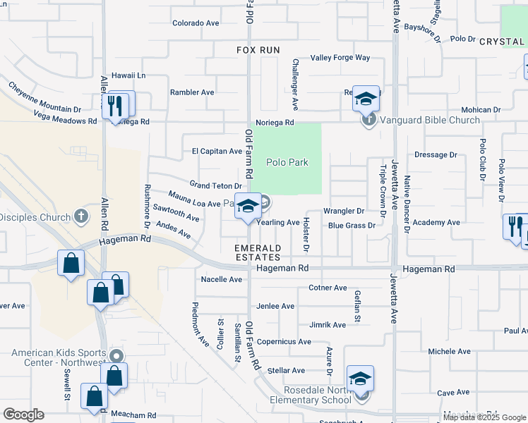 map of restaurants, bars, coffee shops, grocery stores, and more near 4410 Old Farm Road in Bakersfield