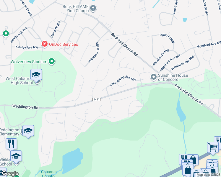 map of restaurants, bars, coffee shops, grocery stores, and more near 1078 Avondale Place Northwest in Concord
