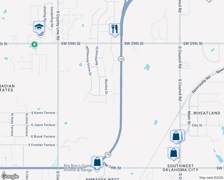 map of restaurants, bars, coffee shops, grocery stores, and more near 6512 Bentley Drive in Oklahoma City