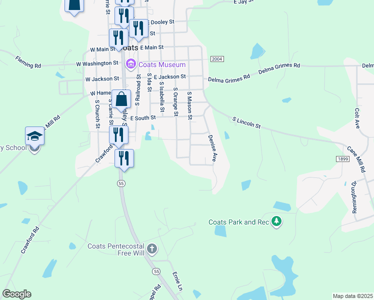 map of restaurants, bars, coffee shops, grocery stores, and more near 494 South Mason Street in Coats