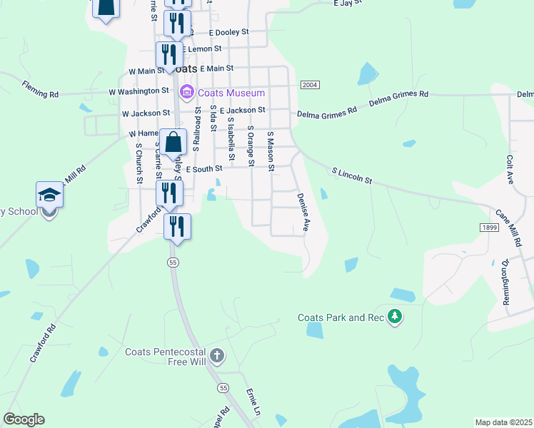 map of restaurants, bars, coffee shops, grocery stores, and more near 494 South Mason Street in Coats
