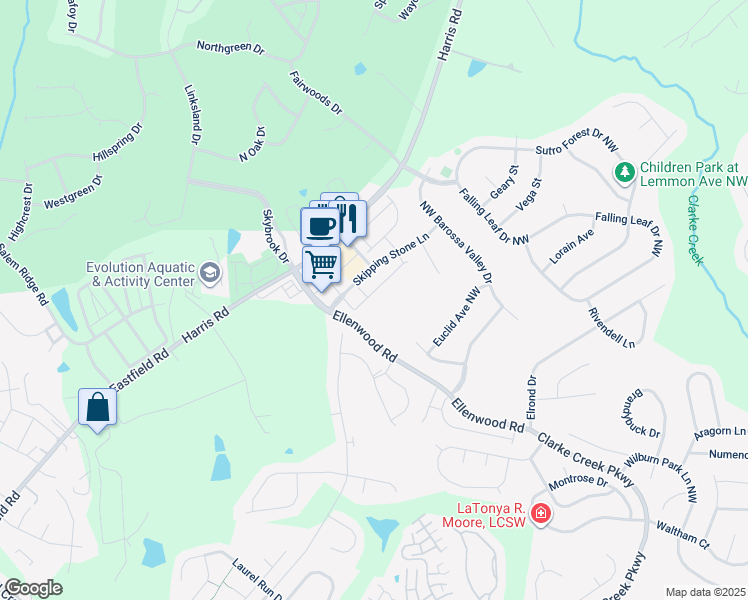 map of restaurants, bars, coffee shops, grocery stores, and more near 11115 J. C. Murray Drive Northwest in Concord