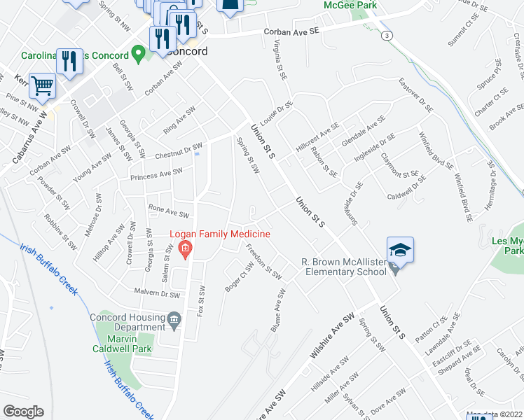 map of restaurants, bars, coffee shops, grocery stores, and more near 320 Spring Street Southwest in Concord