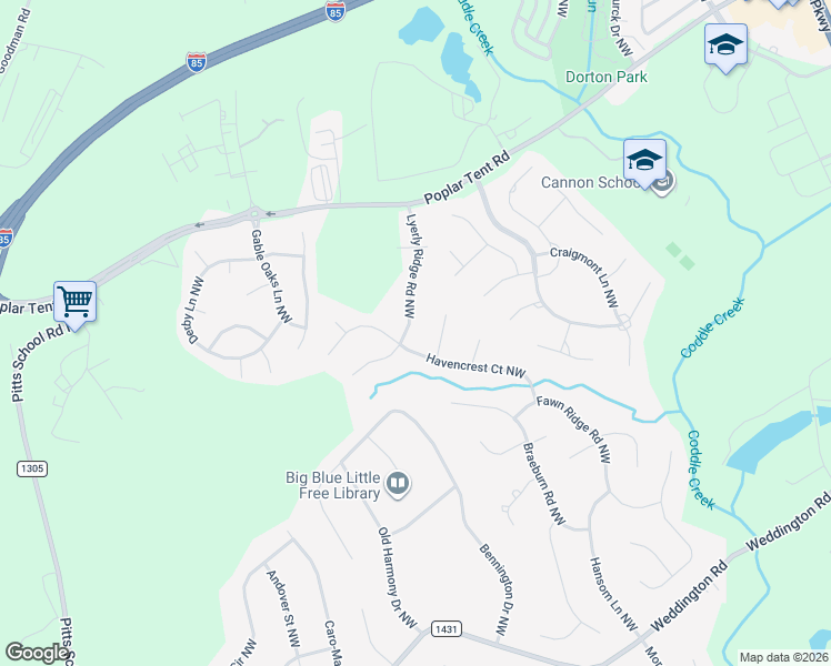 map of restaurants, bars, coffee shops, grocery stores, and more near 916 Coach House Place Northwest in Concord