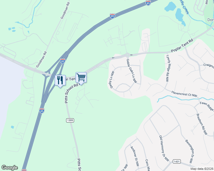 map of restaurants, bars, coffee shops, grocery stores, and more near 6563 Derby Lane Northwest in Concord