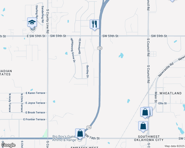 map of restaurants, bars, coffee shops, grocery stores, and more near 6512 Bentley Drive in Oklahoma City