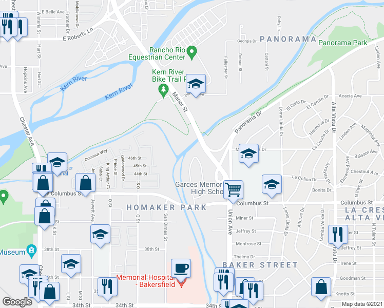 map of restaurants, bars, coffee shops, grocery stores, and more near 4513 Isla Verde Street in Bakersfield