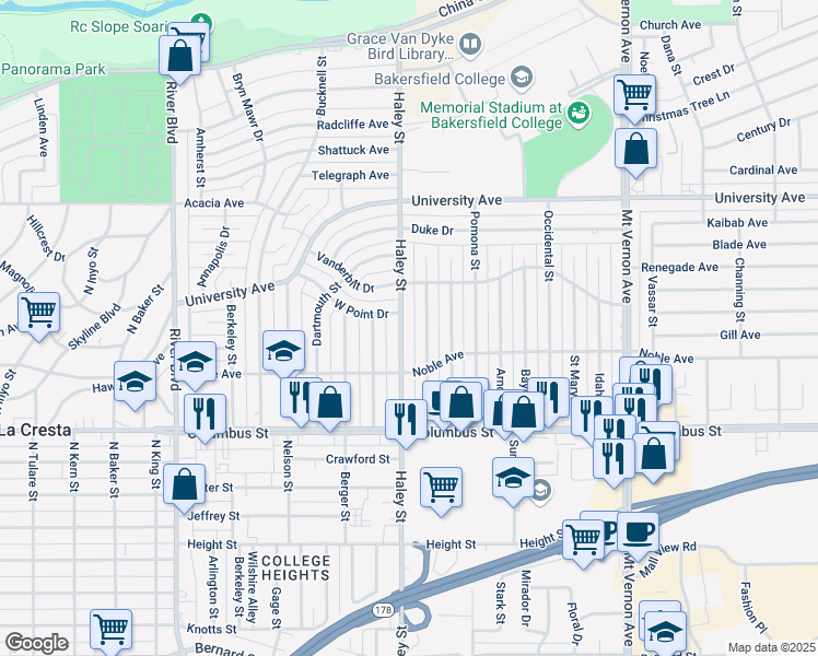 map of restaurants, bars, coffee shops, grocery stores, and more near 3104 Cornell Street in Bakersfield