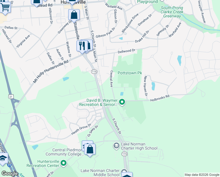 map of restaurants, bars, coffee shops, grocery stores, and more near 13400 South Church Street in Huntersville