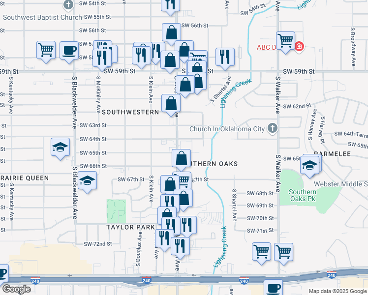 map of restaurants, bars, coffee shops, grocery stores, and more near 6448 South Western Avenue in Oklahoma City