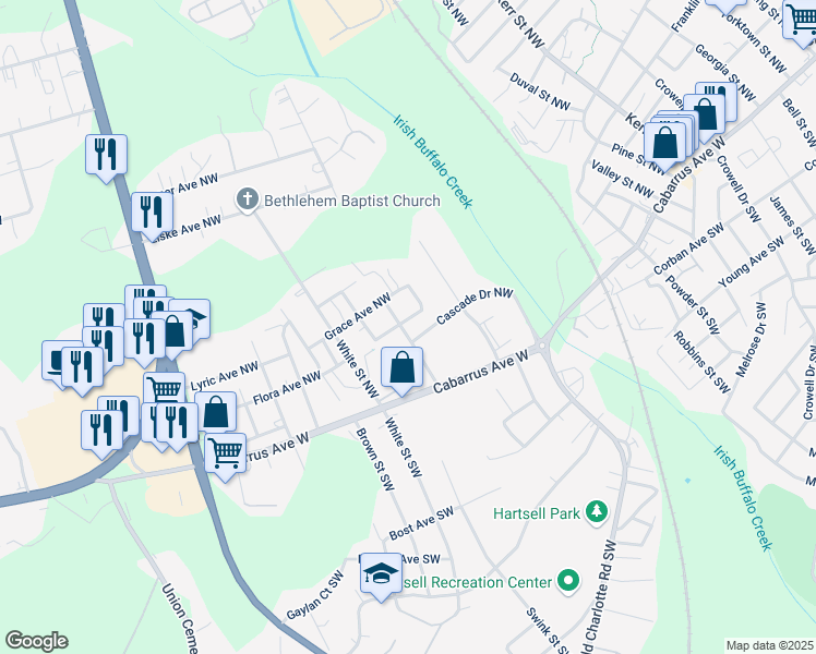 map of restaurants, bars, coffee shops, grocery stores, and more near 305 Prior Dr NW in Concord