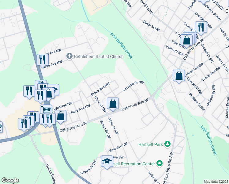 map of restaurants, bars, coffee shops, grocery stores, and more near 305 Prior Dr NW in Concord
