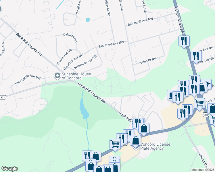 map of restaurants, bars, coffee shops, grocery stores, and more near 2740 Rock Hill Church Road in Concord