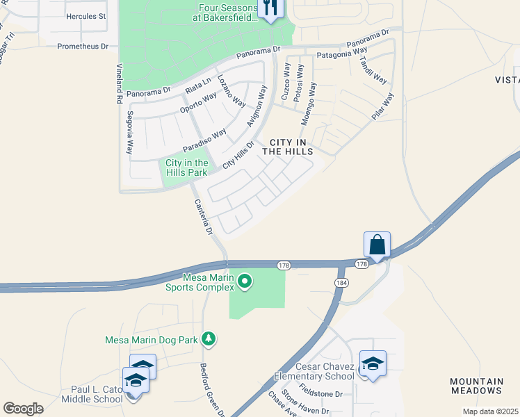 map of restaurants, bars, coffee shops, grocery stores, and more near 5202 Village Green Lane in Bakersfield