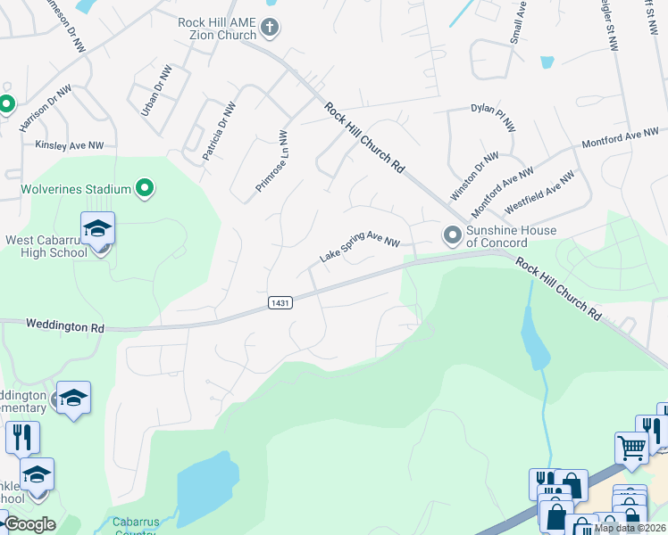map of restaurants, bars, coffee shops, grocery stores, and more near 3754 Lake Spring Avenue Northwest in Concord