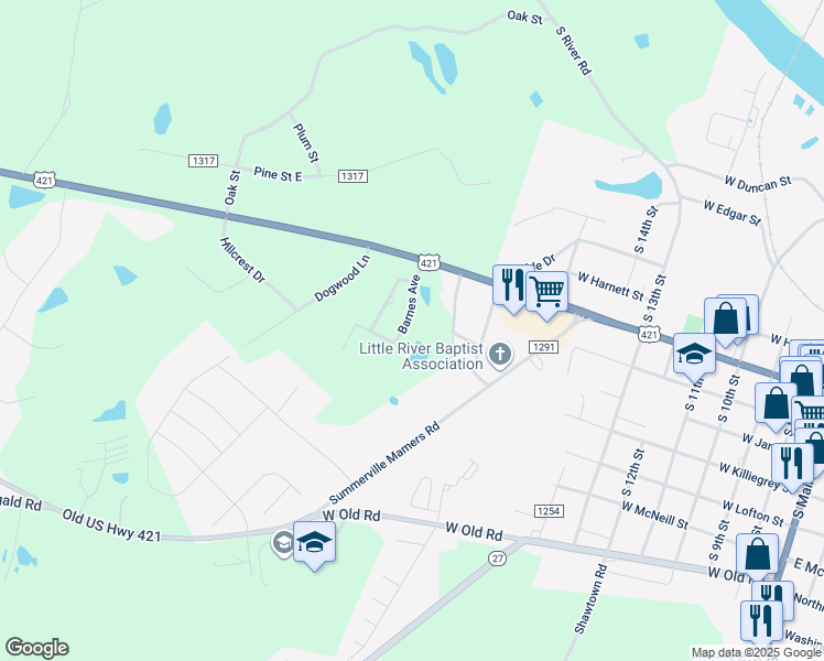 map of restaurants, bars, coffee shops, grocery stores, and more near 145 Barnes Avenue in Lillington