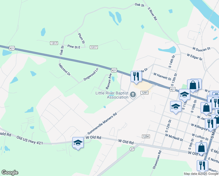 map of restaurants, bars, coffee shops, grocery stores, and more near 145 Barnes Avenue in Lillington