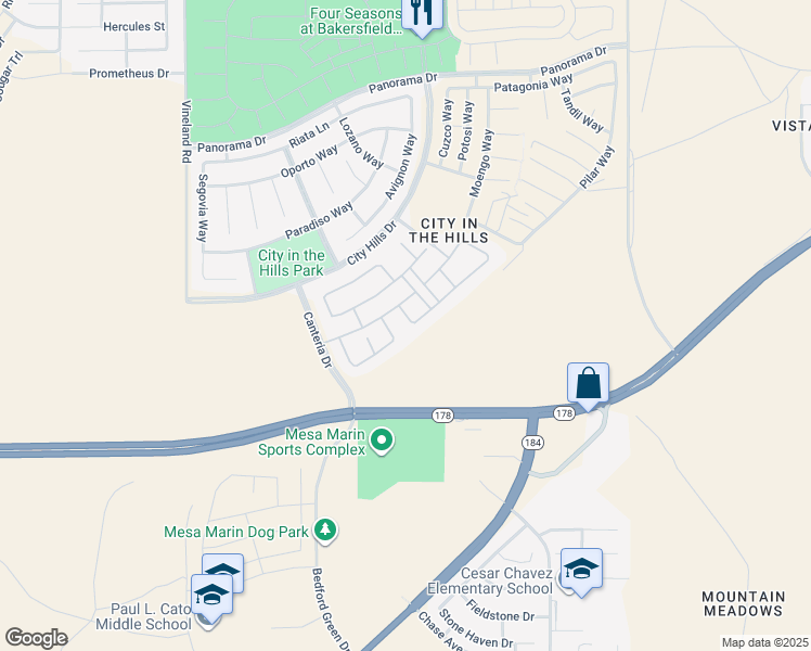 map of restaurants, bars, coffee shops, grocery stores, and more near 5202 Village Green Lane in Bakersfield