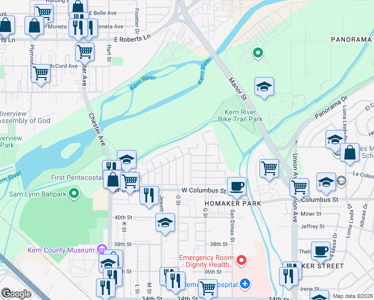 map of restaurants, bars, coffee shops, grocery stores, and more near 729 Underwood Court in Bakersfield