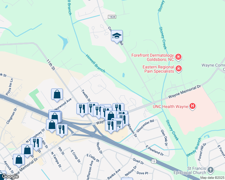 map of restaurants, bars, coffee shops, grocery stores, and more near 207 West Lockhaven Drive in Goldsboro