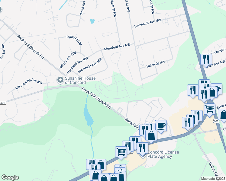 map of restaurants, bars, coffee shops, grocery stores, and more near 2740 Rock Hill Church Road in Concord