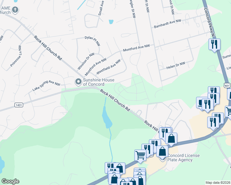 map of restaurants, bars, coffee shops, grocery stores, and more near 2955 Wendover Road Northwest in Concord