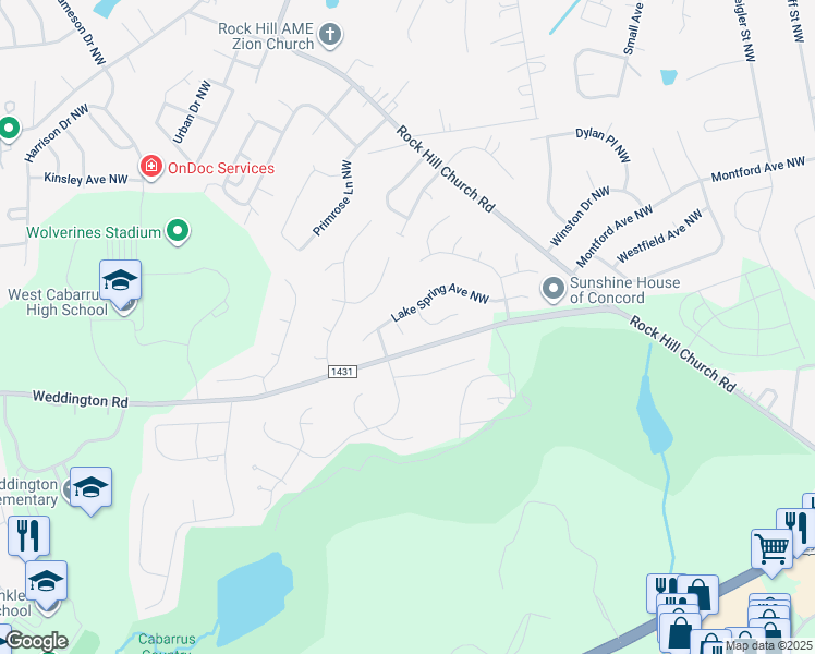 map of restaurants, bars, coffee shops, grocery stores, and more near 3754 Lake Spring Avenue Northwest in Concord