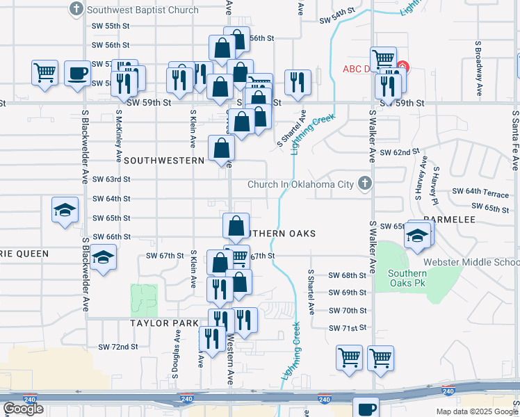 map of restaurants, bars, coffee shops, grocery stores, and more near 32 Southwest 64th Street in Oklahoma City