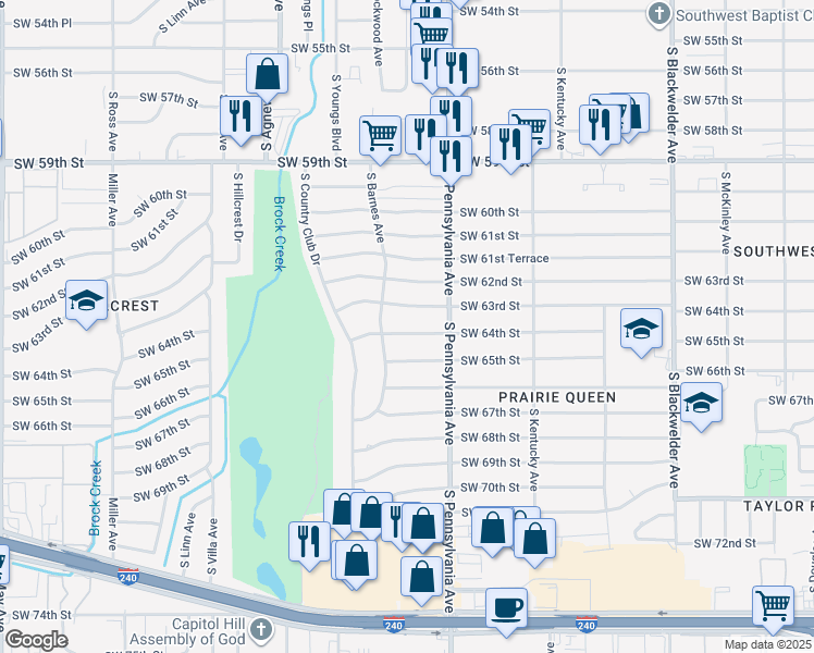 map of restaurants, bars, coffee shops, grocery stores, and more near 2124 Southwest 63rd Street in Oklahoma City