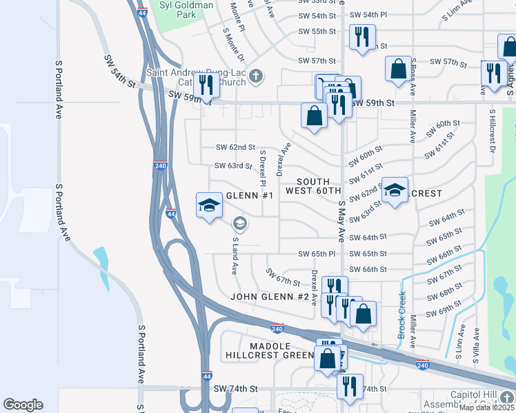 map of restaurants, bars, coffee shops, grocery stores, and more near 6424 South Drexel Place in Oklahoma City