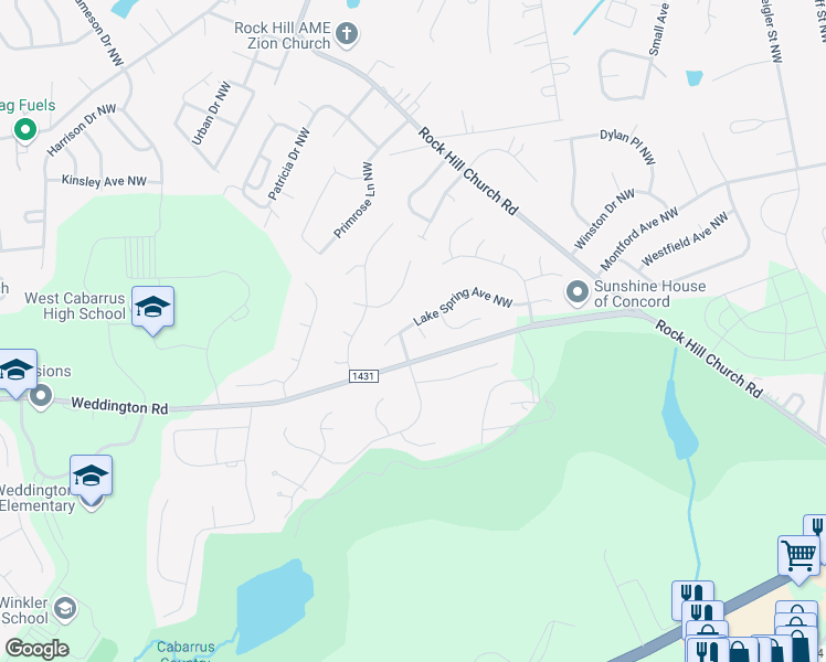 map of restaurants, bars, coffee shops, grocery stores, and more near 1074 Avondale Place Northwest in Concord