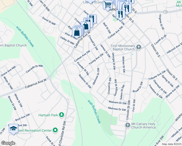 map of restaurants, bars, coffee shops, grocery stores, and more near 277 Sycamore Avenue Southwest in Concord
