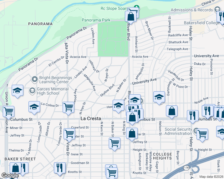 map of restaurants, bars, coffee shops, grocery stores, and more near 2927 Skyline Boulevard in Bakersfield