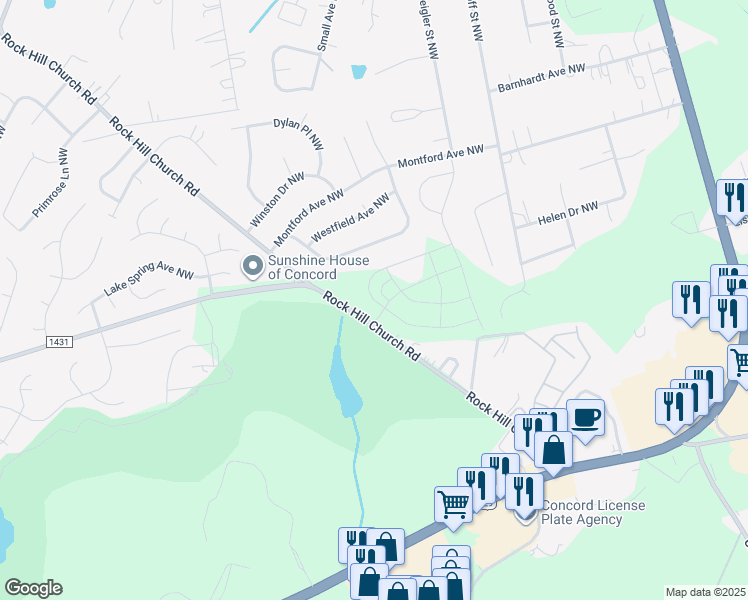 map of restaurants, bars, coffee shops, grocery stores, and more near 2955 Wendover Road Northwest in Concord