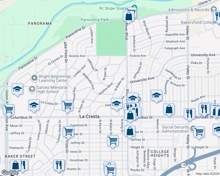 map of restaurants, bars, coffee shops, grocery stores, and more near 2927 Skyline Boulevard in Bakersfield