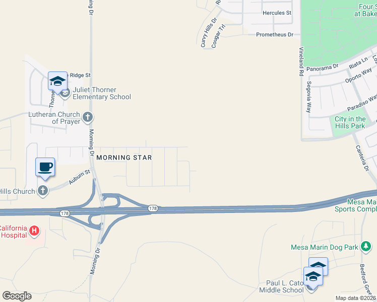 map of restaurants, bars, coffee shops, grocery stores, and more near 8800 Morningstar Avenue in Bakersfield