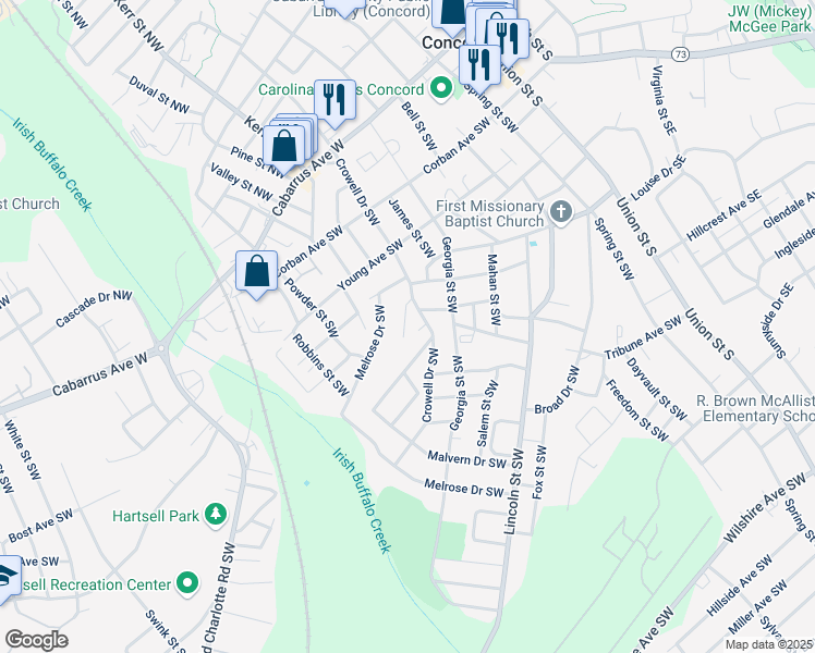 map of restaurants, bars, coffee shops, grocery stores, and more near 233 Kluttz Court Southwest in Concord