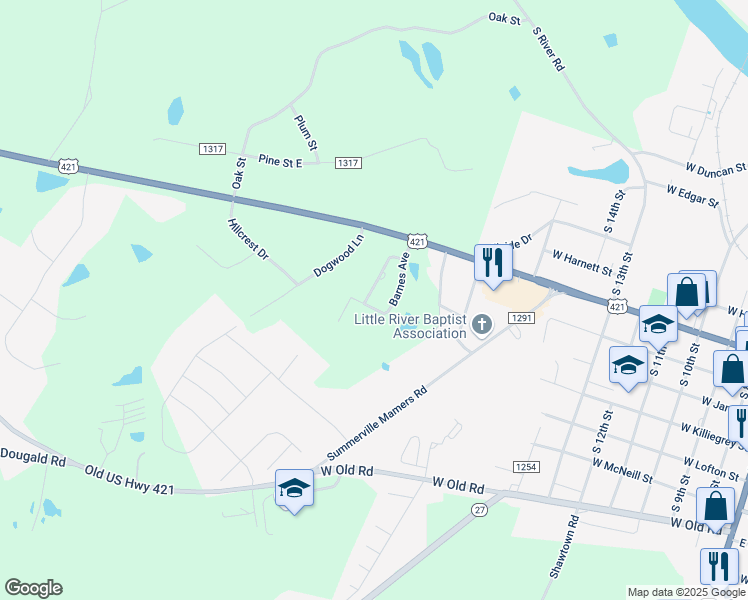 map of restaurants, bars, coffee shops, grocery stores, and more near 145 Morgan Drive in Lillington