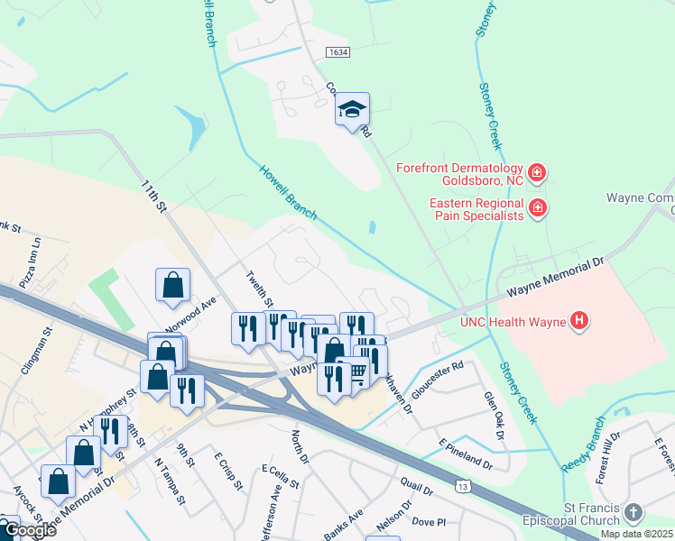 map of restaurants, bars, coffee shops, grocery stores, and more near 207 West Lockhaven Drive in Goldsboro