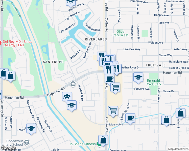map of restaurants, bars, coffee shops, grocery stores, and more near 4515 Pebble Creek Drive in Bakersfield